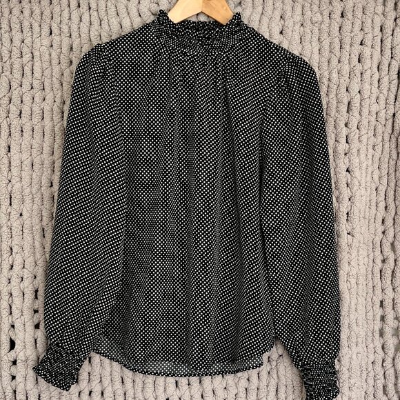 Vintage Inspired Pleione Black & White Polka Dot Ruffle Blouse Size Medium - Picture 2 of 12